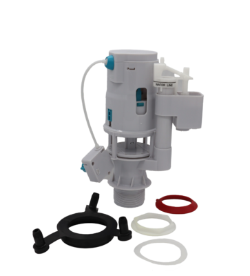 Grey plastic flush valve with black rubber gasket red gasket and white gaskets.
