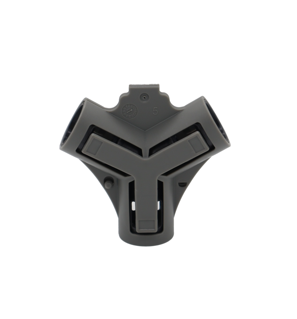 Grey plastic quick connect fitting.