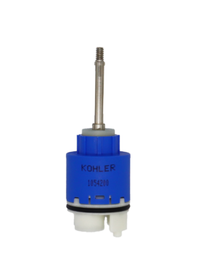 Bright blue plastic cartridge with white top stainless screw top handle connection white bottom and black rubber seal.