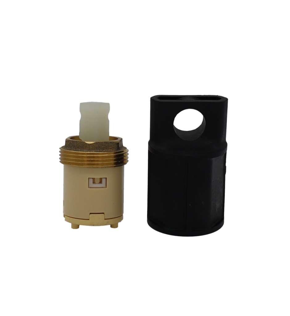 Tan plastic cartridge with brass bonnet nut and black plastic removal tool.