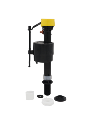 Black plastic fill valave with yellow cap white plastic nuts and black rubber washers.