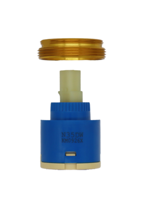 Blue and tan plastic cartridge with square handle connection with bright brass bonnet nut and blue rubber seals.