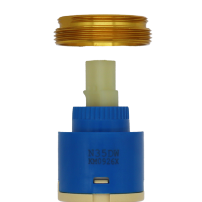 Blue and tan plastic cartridge with square handle connection with bright brass bonnet nut and blue rubber seals.