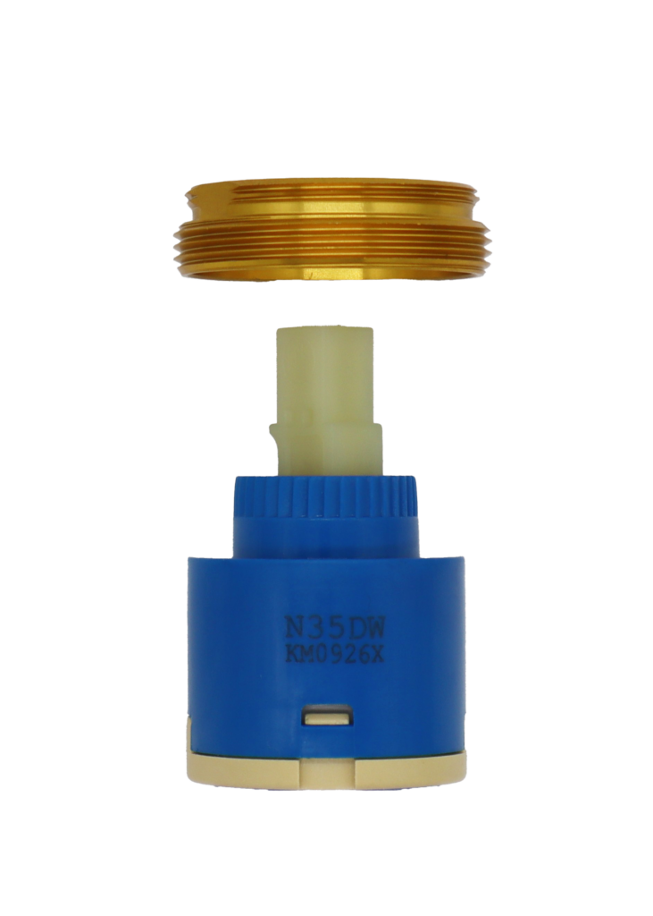 Blue and tan plastic cartridge with square handle connection with bright brass bonnet nut and blue rubber seals.