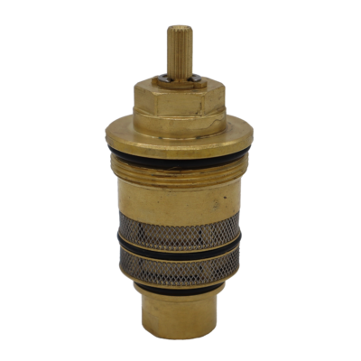 Bright brass cartridge with stainless steel screens and black rubber o-rings and copper thermo.