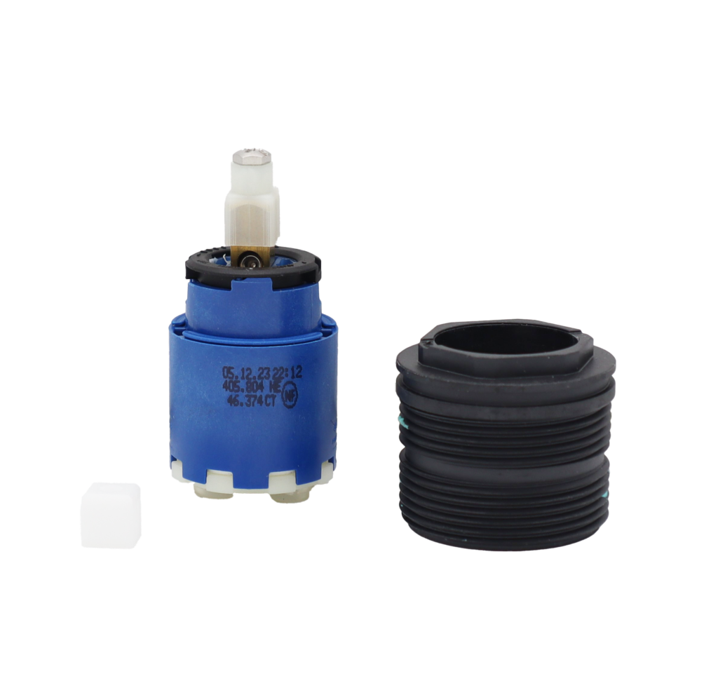 Blue and black plastic cartridgw with rubber bottom seal with black plastic outer cartridge.