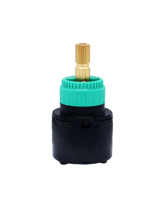 Black plastic cartridge with light green top brass stem and blue rubber seals.
