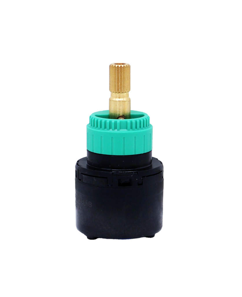 Black plastic cartridge with light green top brass stem and blue rubber seals.