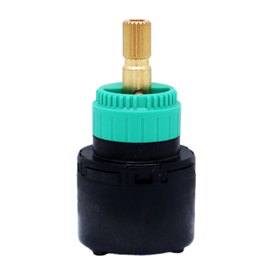 Black plastic cartridge with light green top brass stem and blue rubber seals.