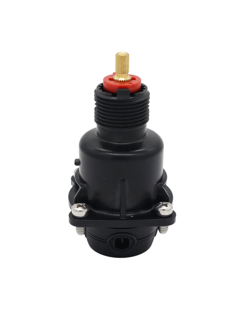 Black plastic cartridge with red limit stop brass stem stainless screws and black seals.