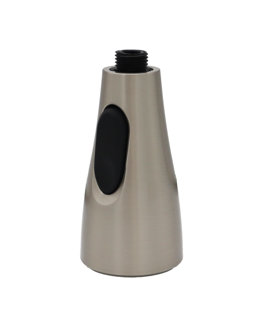 Stainless spray head with black rubber dual function button and black hose threads.