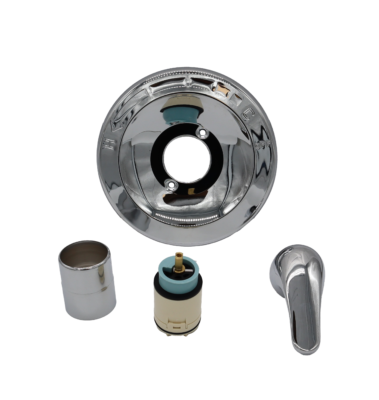 Polished chrome escutcheon sleeve and lever handle with tan black and light blue cartridge.