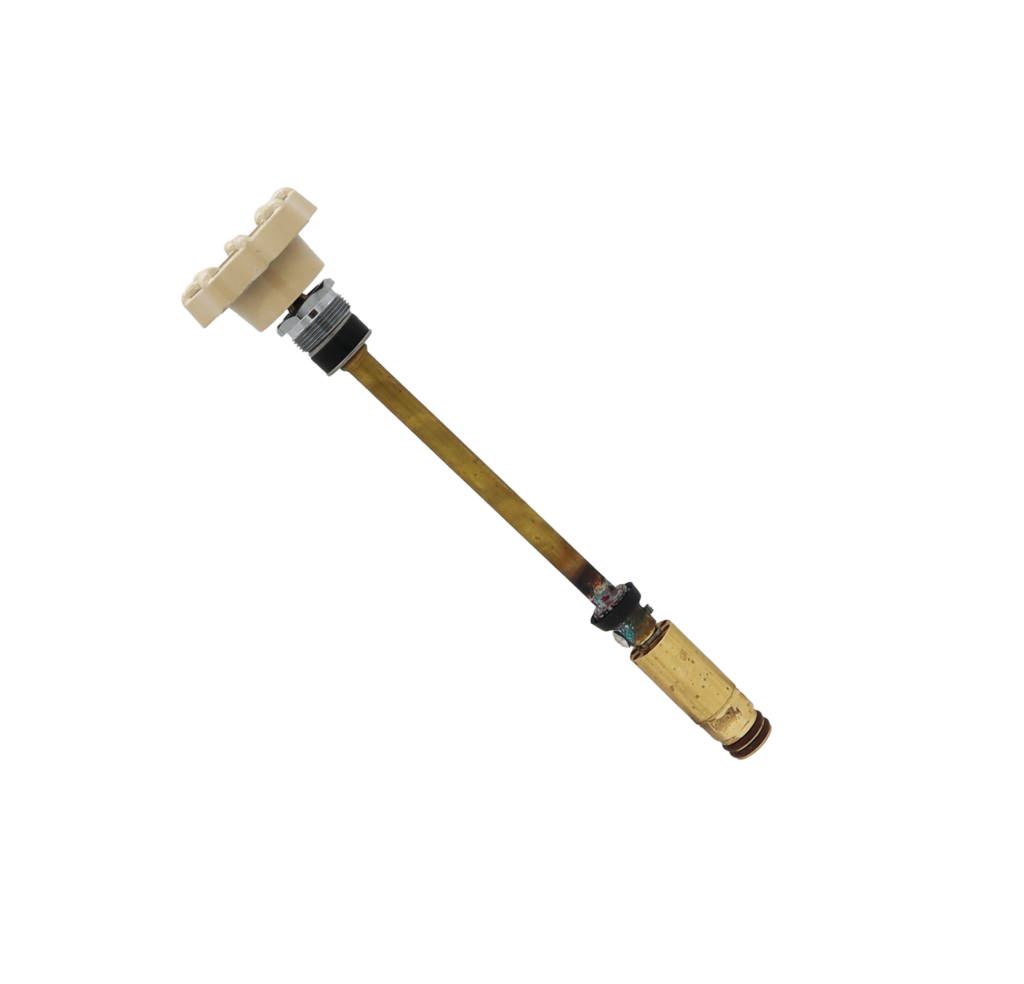 Bright brass stem with black o-rings washers and chrome nut.