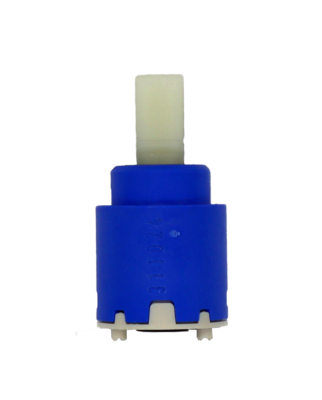 Bright blue plastic cartridge with white square handle connection grey plastic bottom with black seal.