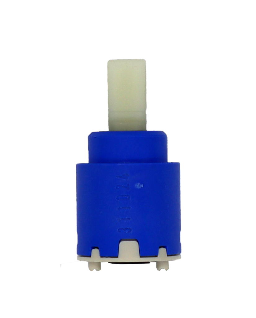 Bright blue plastic cartridge with white square handle connection grey plastic bottom with black seal.