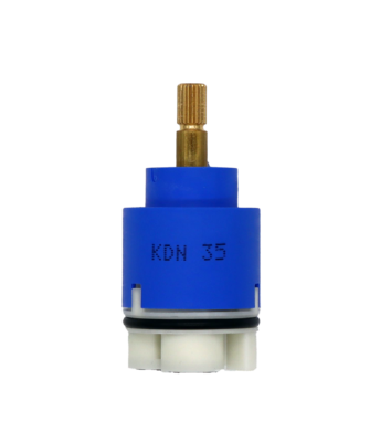 Bright blue and white plastic cartridge with bright brass stem and black rubber o-ring and seals.