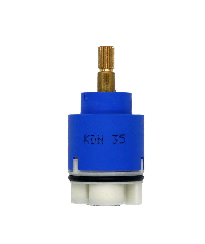Bright blue and white plastic cartridge with bright brass stem and black rubber o-ring and seals.