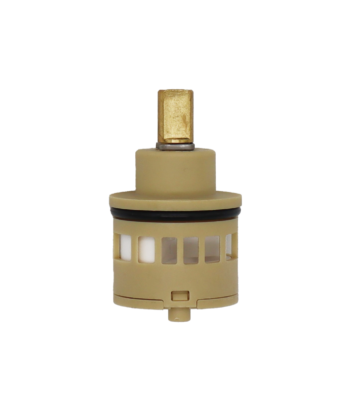 Tan ceramic diverter cartridge with brass handle connection and black oring and bottom washer.