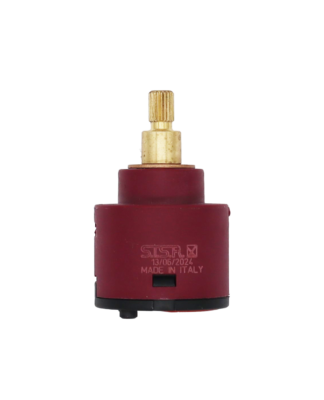 Maroon platic body with brass stem handle connection with black bottom and orange seal.