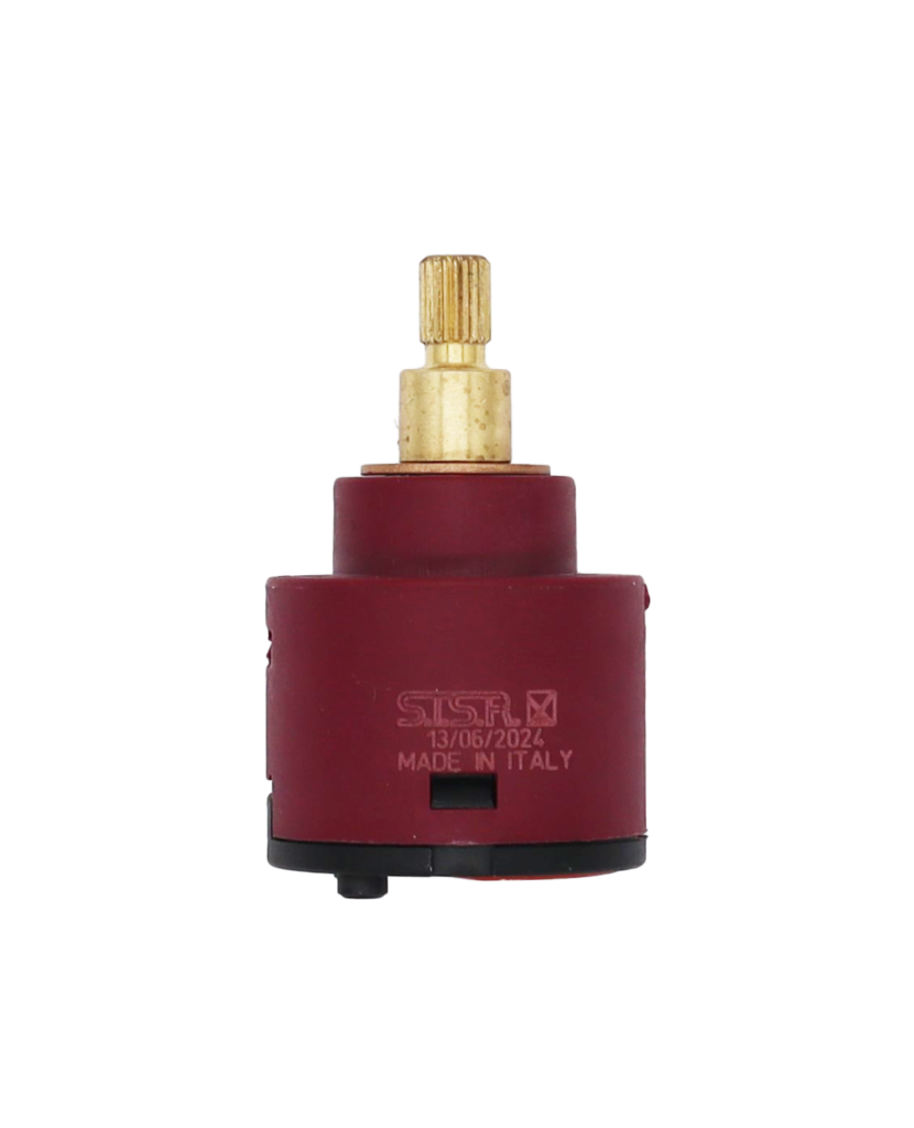 Maroon platic body with brass stem handle connection with black bottom and orange seal.