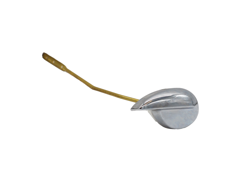 Polished chrome lever handle with brass arm.