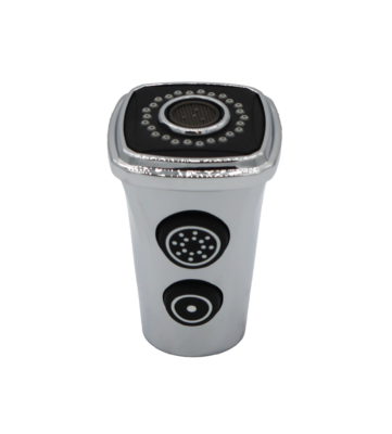 Polished chrome sprayhead with 2 black rubber buttons.