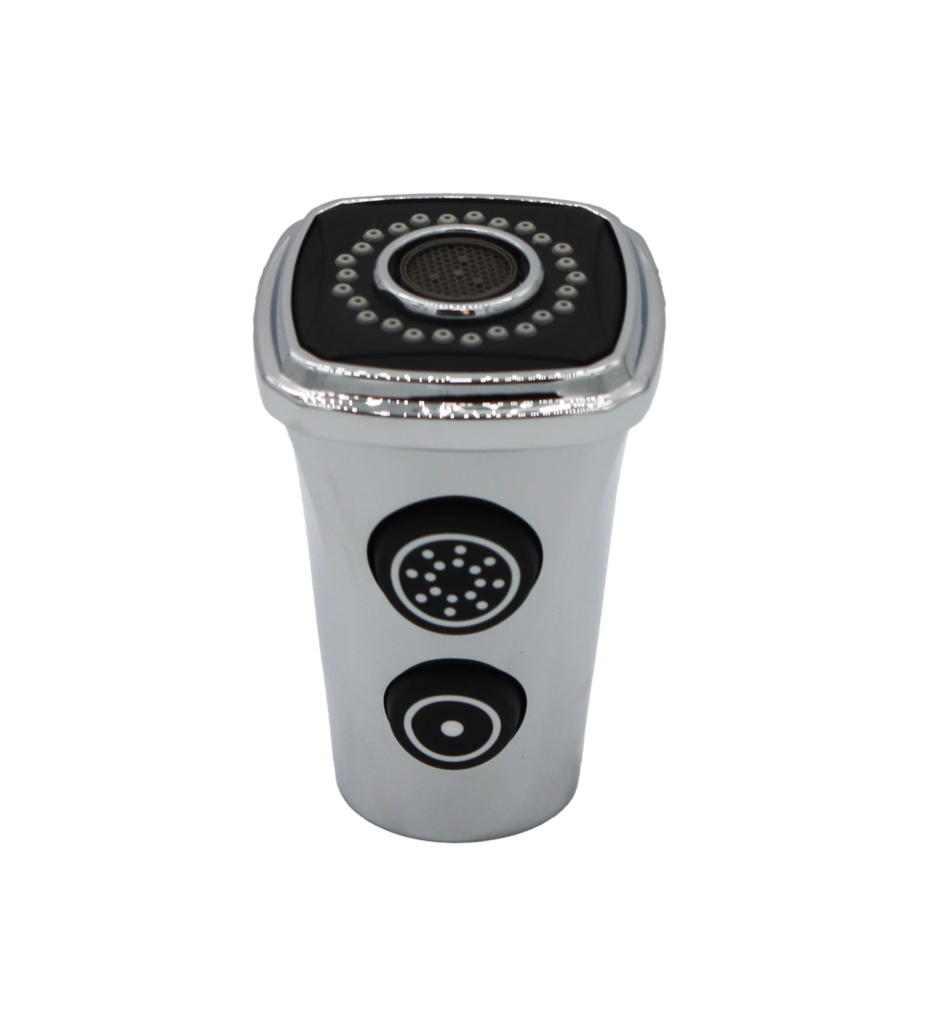 Polished chrome sprayhead with 2 black rubber buttons.