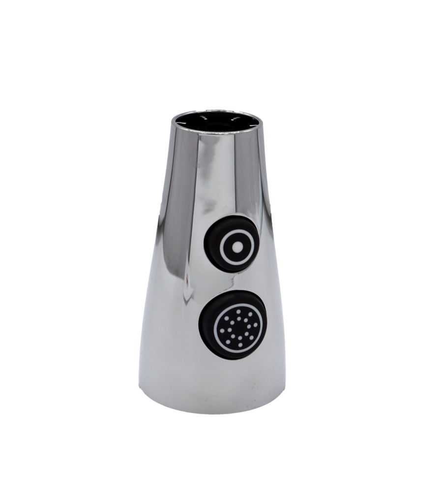 Polished chrome sprayhead with 2 black rubber buttons.