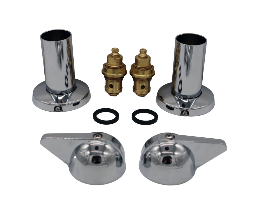 Polished chrome handles and escutcheons bright brass stems with black rubber washers.