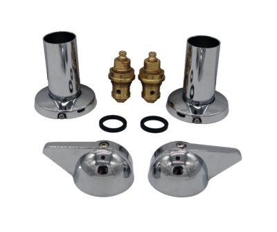 Polished chrome handles and escutcheons bright brass stems with black rubber washers.
