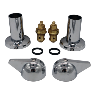 Polished chrome handles and escutcheons bright brass stems with black rubber washers.