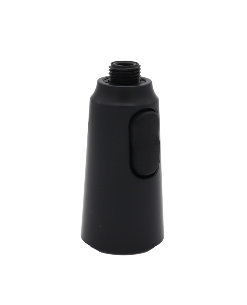 Matte black sprayhead with black rubber button.