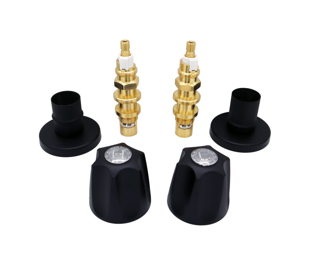 Matte black handles and escutcheons with bright brass ceramic cartridges.