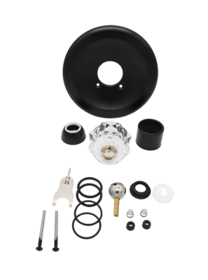 Matte black escutcheon sleeve and nut with acrylica handle brass and stainless ball with rubber o-rings.