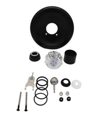 Matte black escutcheon sleeve and nut acrylic handle stainless ball springs with black rubber washers and o-rings.