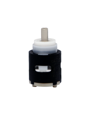 Black plastic cartridge with white limit stop stainless square handle conncetion and rubber bottom seal.