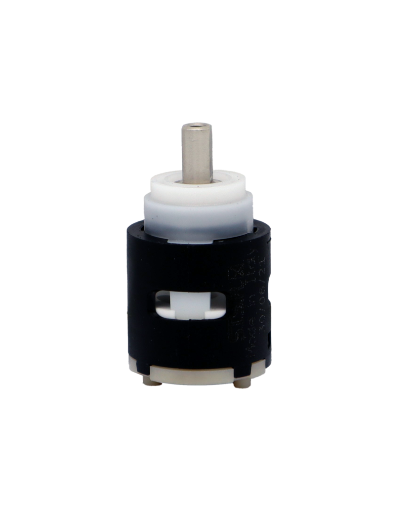 Black plastic cartridge with white limit stop stainless square handle conncetion and rubber bottom seal.