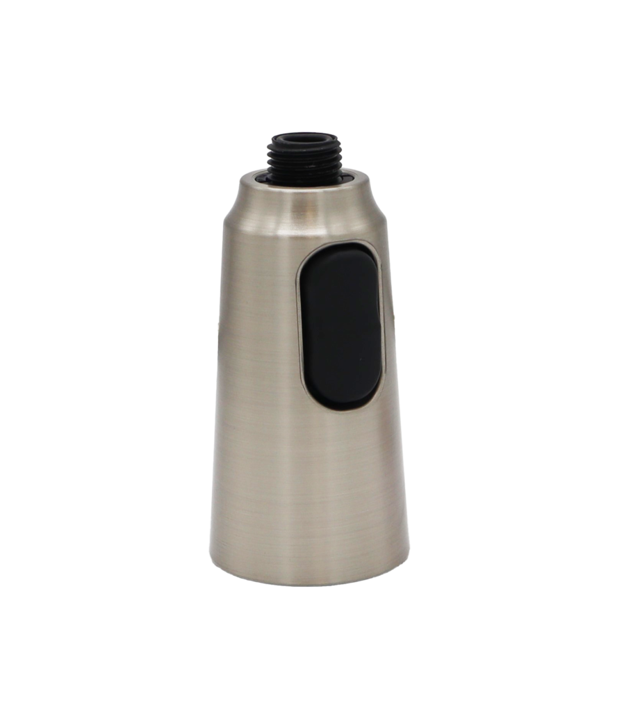 Stainless steel spray head with black rubber button and black plastic threads.