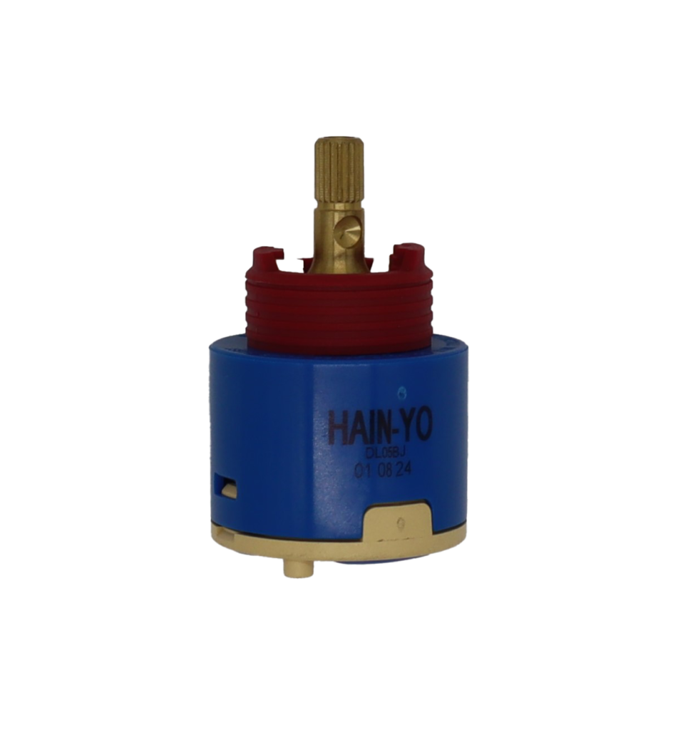 Blue plastic cartridge with red limit stop with brass stem tan bottom and blue rubber seal.