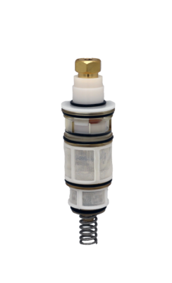 White plastic cartridge with brass top black rubber o-rings and metal spring.