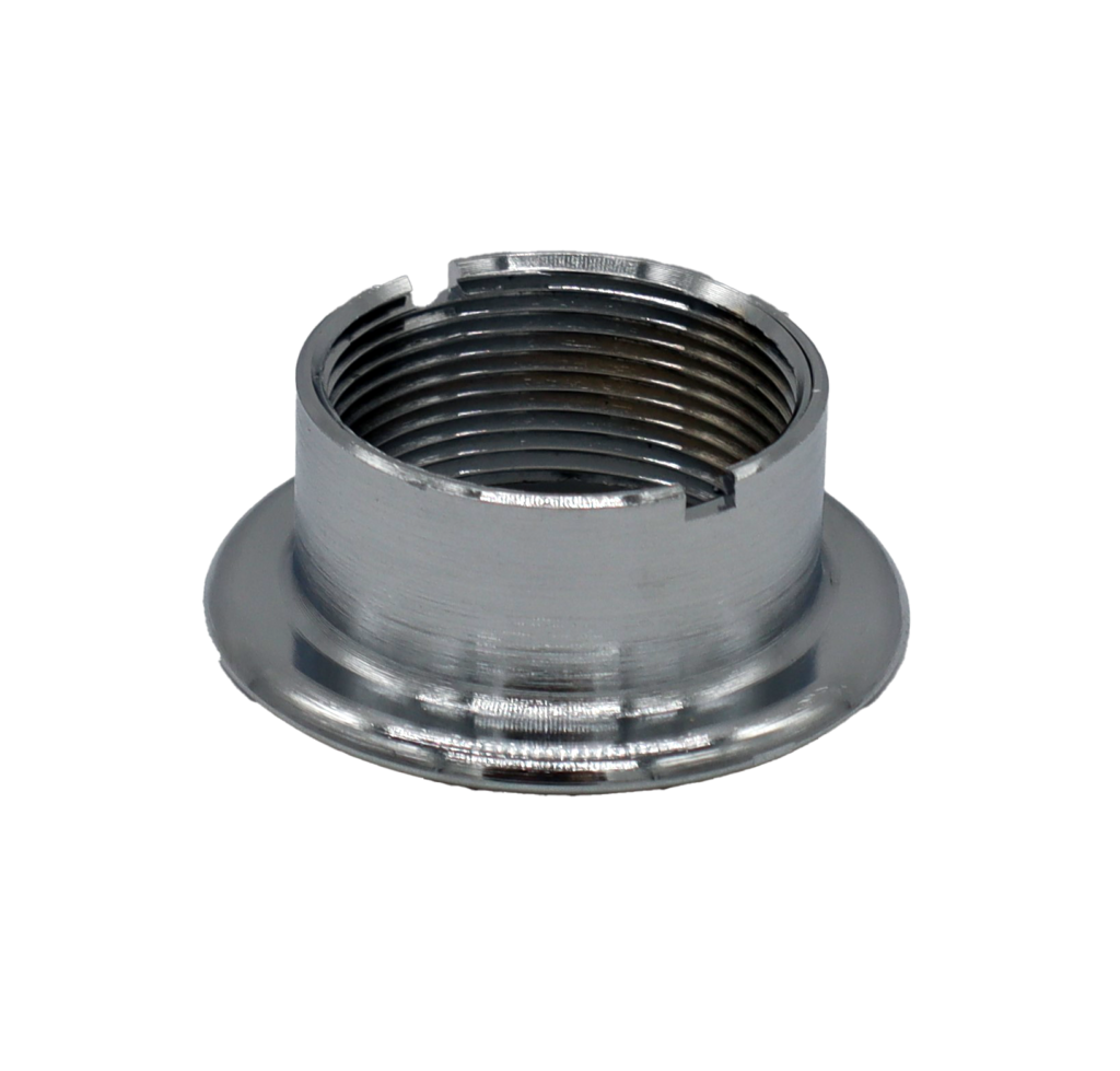 Polished chrome escutcheonwith threads at the top.