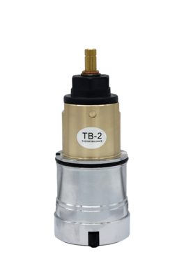 Polished chrome and bright brass cartridge body with black top brass stem and black rubber seals.