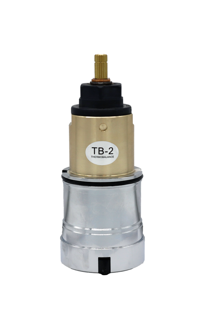 Polished chrome and bright brass cartridge body with black top brass stem and black rubber seals.