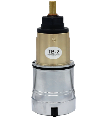 Polished chrome and bright brass cartridge body with black top brass stem and black rubber seals.