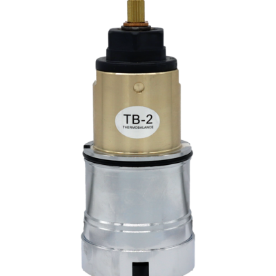 Polished chrome and bright brass cartridge body with black top brass stem and black rubber seals.
