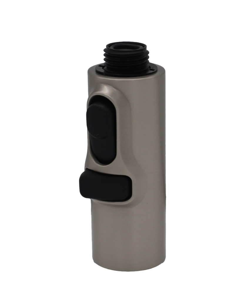 Stainless steel spray head with black buttons and black plastic hose connection.