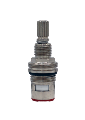 Polished chrome cartridge with black rubber o-ring white ceramic discs and red bottom washer.