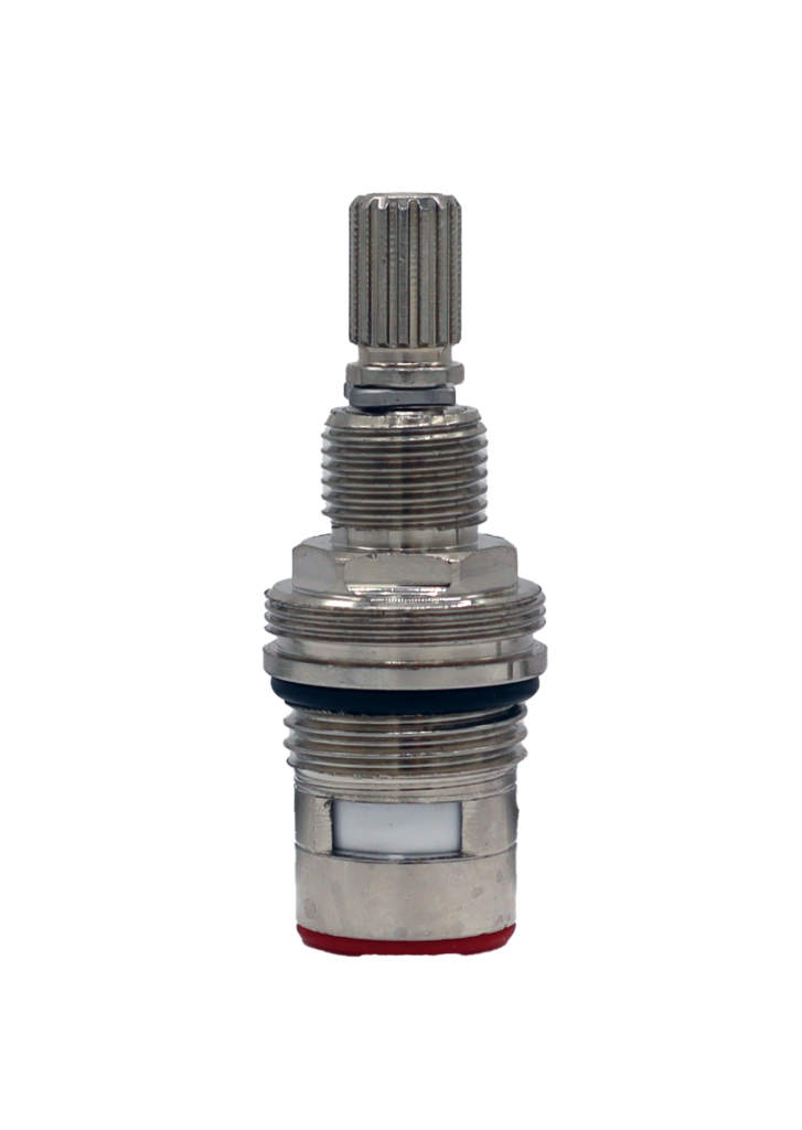 Polished chrome cartridge with black rubber o-ring white ceramic discs and red bottom washer.
