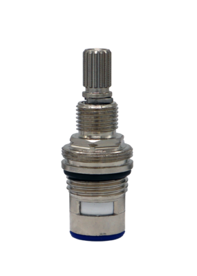 Polished chrome cartridgw with black rubber o-ring white ceramic discs and blue bottom seal.