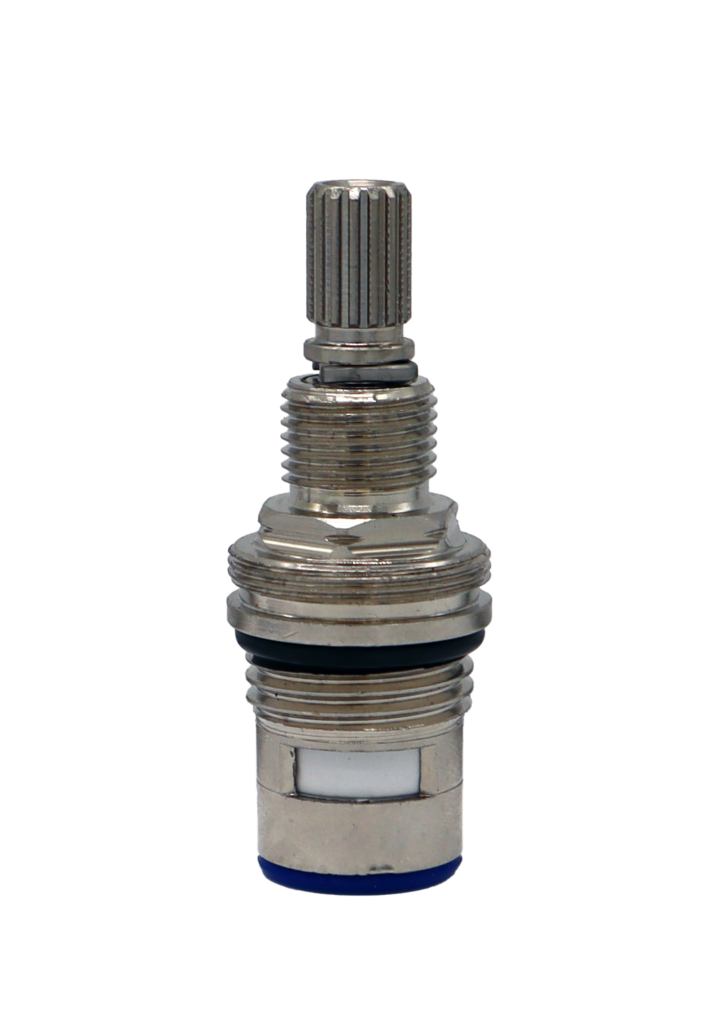 Polished chrome cartridgw with black rubber o-ring white ceramic discs and blue bottom seal.